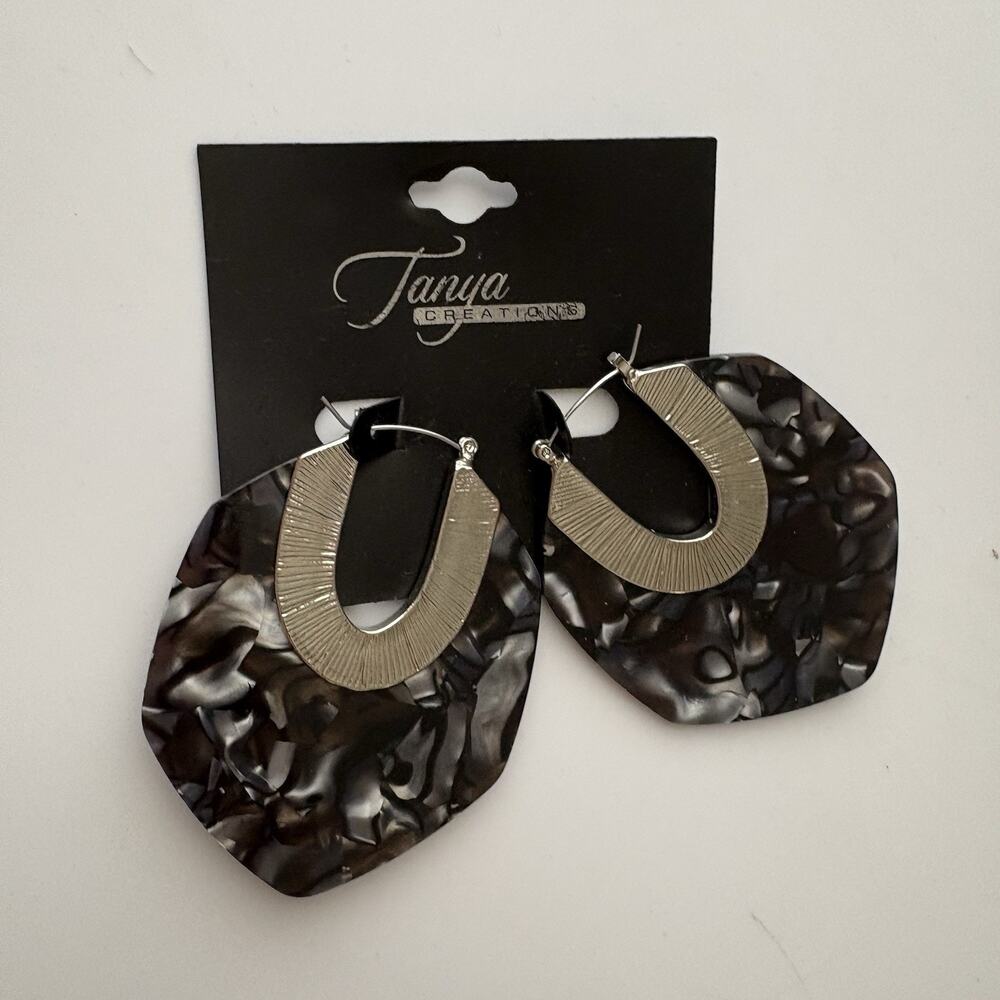 Resin Black White Gray Marbled Acetate Acrylic Geometric Earrings Post Statement